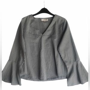 G Collection Black White Gingham 3/4 Bell Flare Sleeve V Neck Top Blouse M
